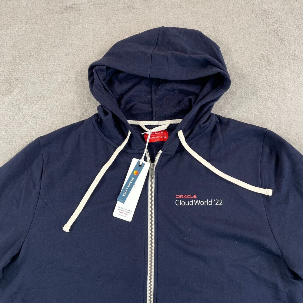Marine Layer x Oracle CloudWorld Logo Hoodie Men‎ Large True Navy Full Zip NWT